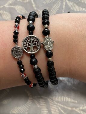 Black Beaded Bracelet Stack with Silver Hamsa & Tree Charms